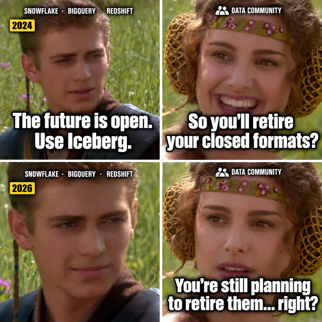 Anakin and Padmé meme. Snowflake, BigQuery and Redshift in 2024: “The future is open. Use Iceberg.” Data community: “So you’ll retire your closed formats?” The same warehouses in 2026 say nothing, and the data community asks: “You’re still planning to retire them... right?”
